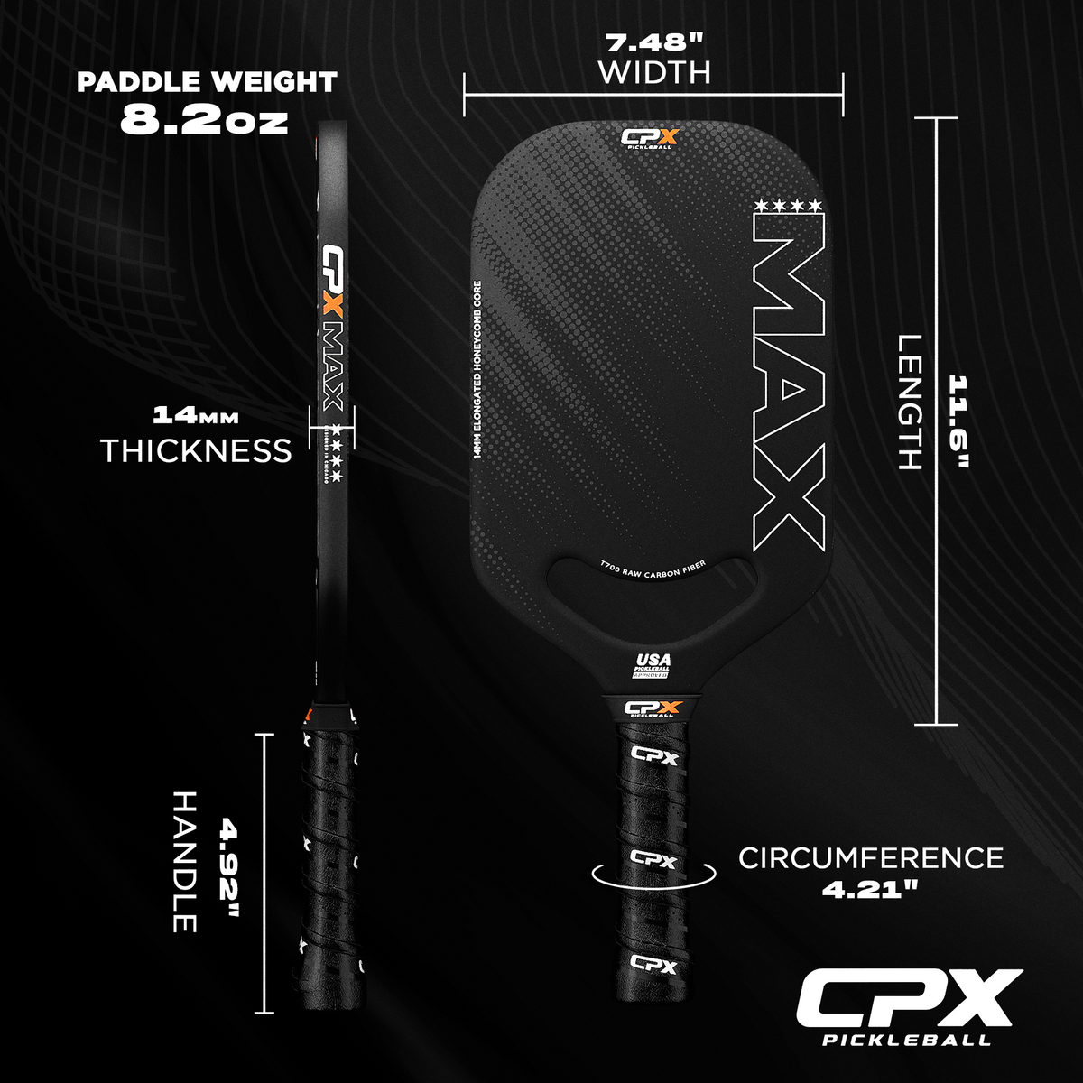 CPX Max Pickleball Paddle | T700 Carbon Fiber, 14mm